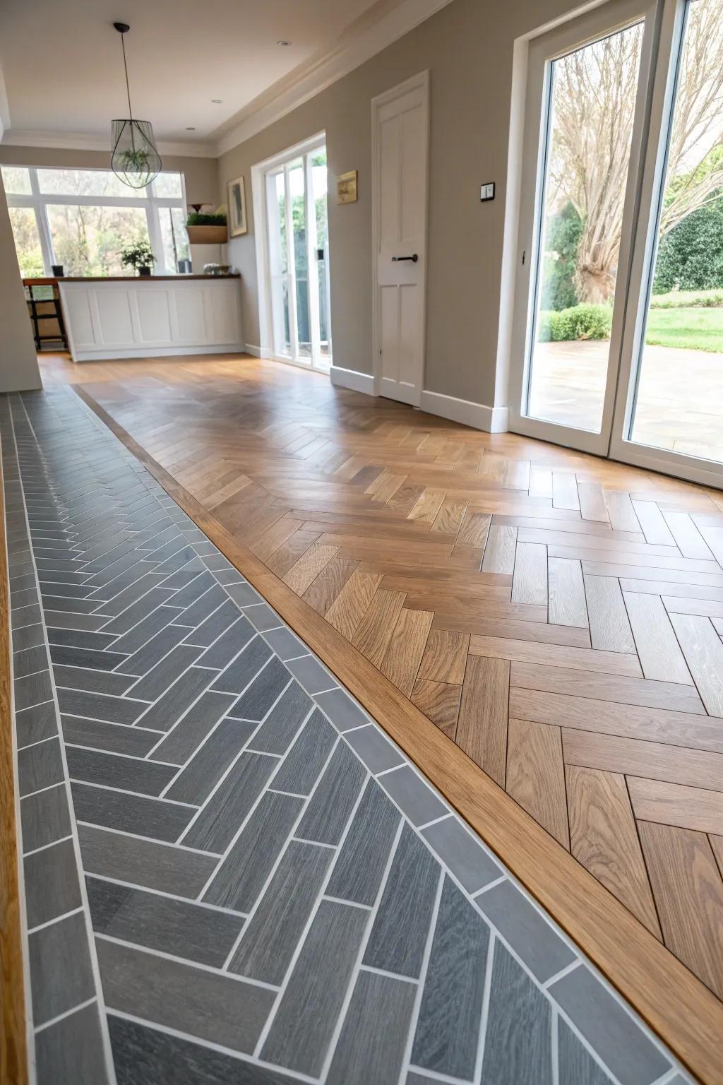 An open-plan area showcasing an energetic pattern shift from tiled to hardwood flooring.