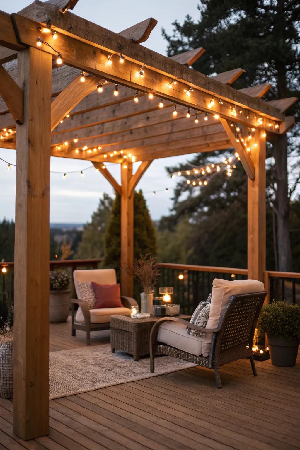 A warmly illuminated patio shelter, ideal for evening unwinding.