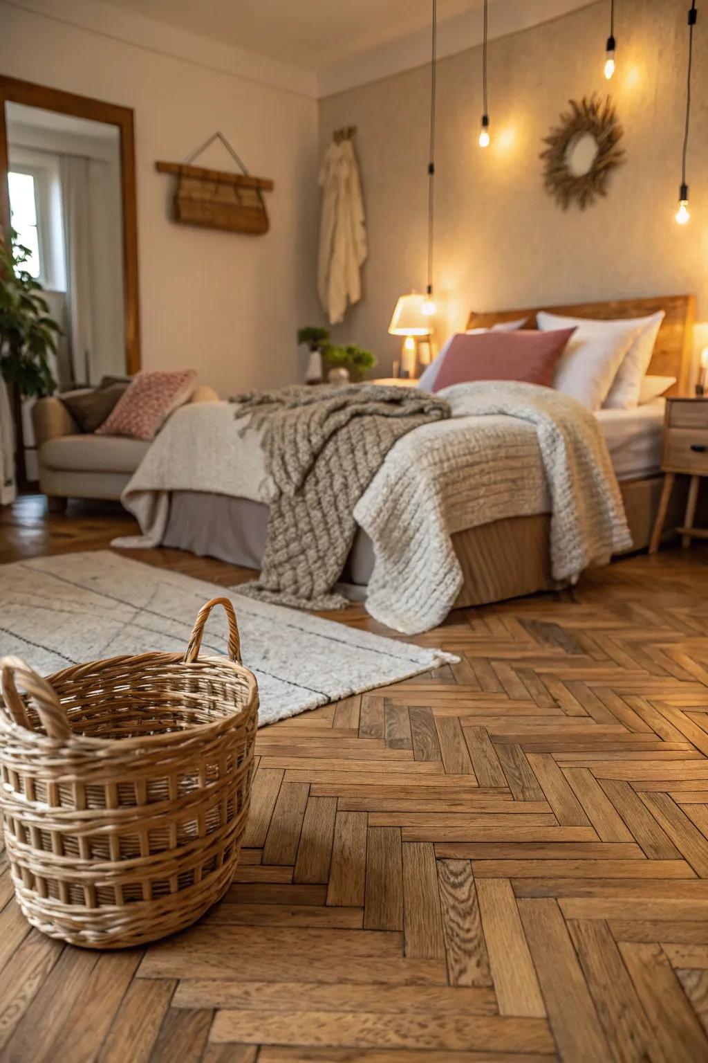 A cozy bedroom with a woven structure wood floor contributing texture and warmth.