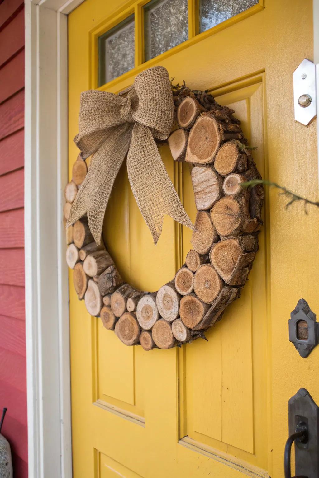Woodsy cloth and wood round design provides a comfortable home atmosphere.