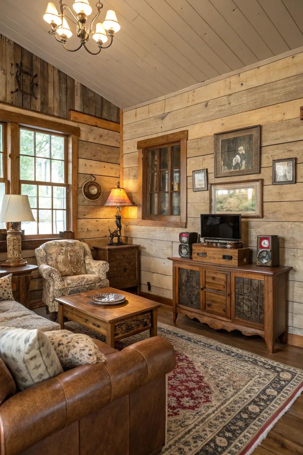 A living area showcasing textured, rustic wood panel walls.