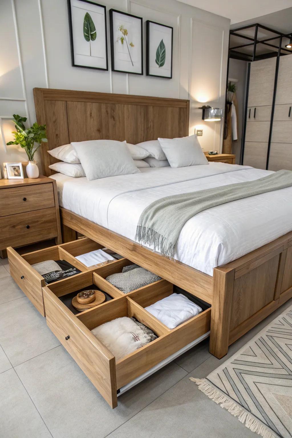 A wooden bed that features clever storage options.