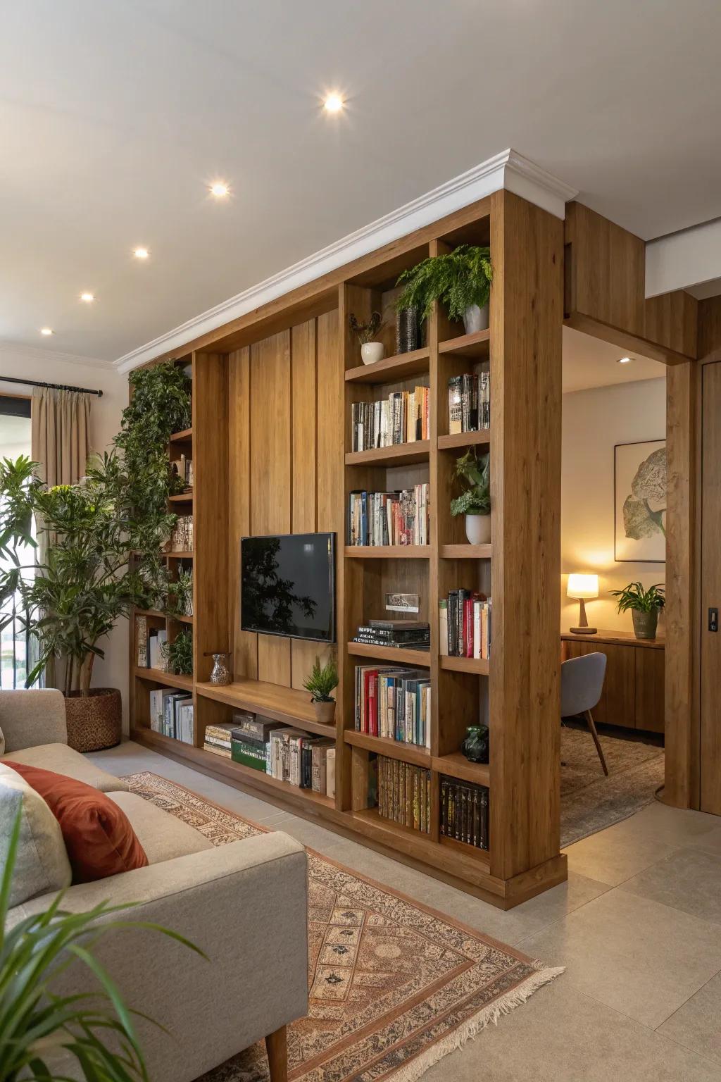 Integrated shelving featured in a timber divider offers useful storage along with elegant display opportunities.