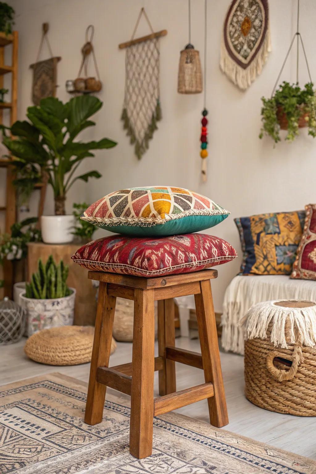 A bohemian wooden stool provides color and texture to your d&eacute;cor.