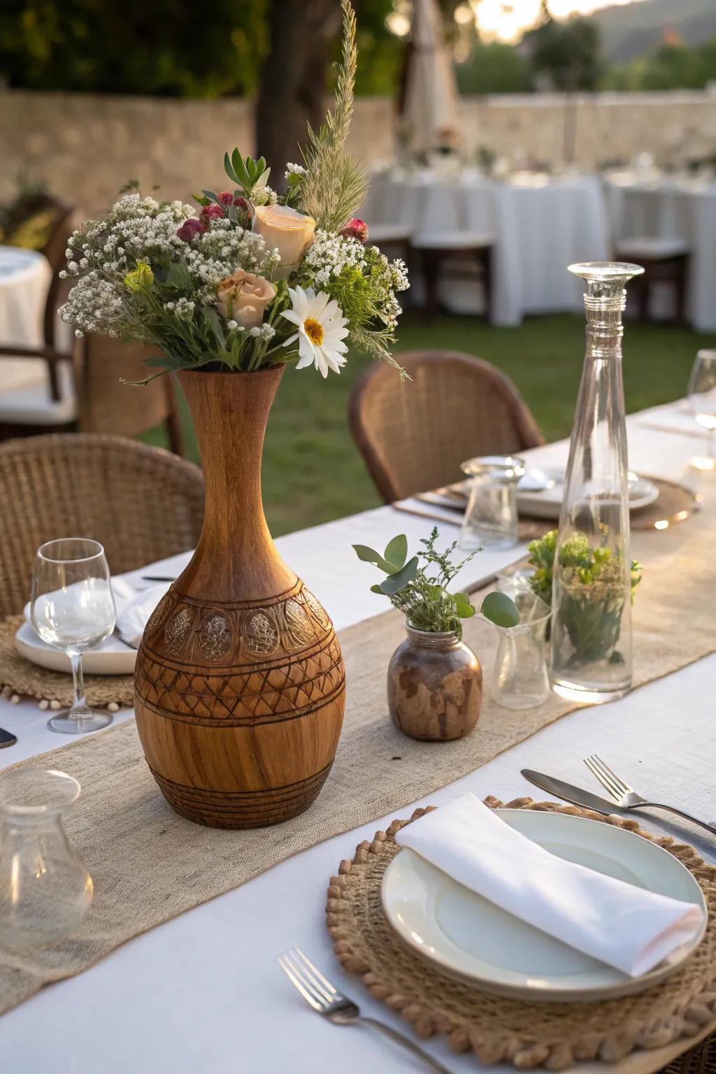 Generate visual interest using mixed media wooden vases.