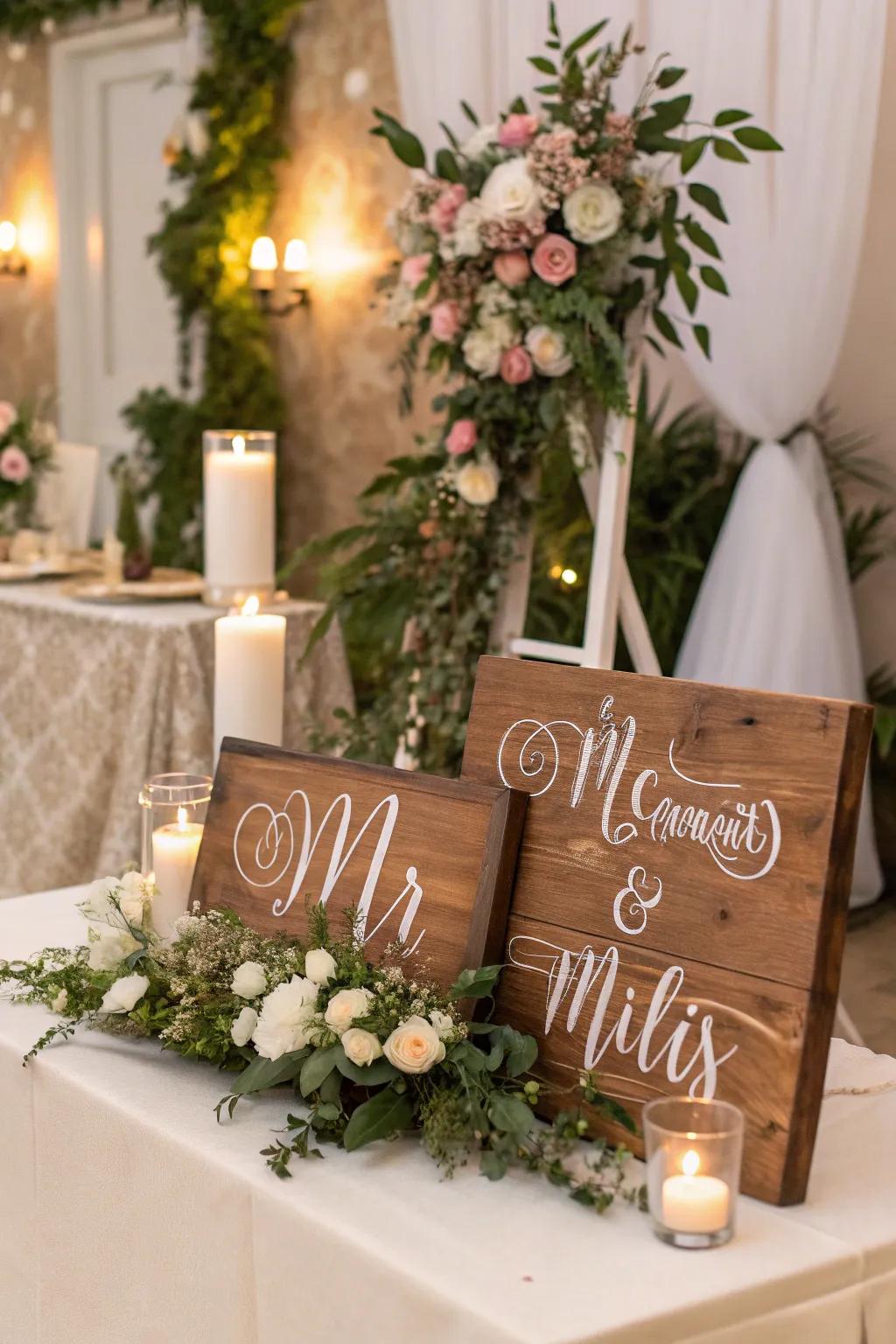Customized timber notices bring a distinctive element to each wedding tableau.