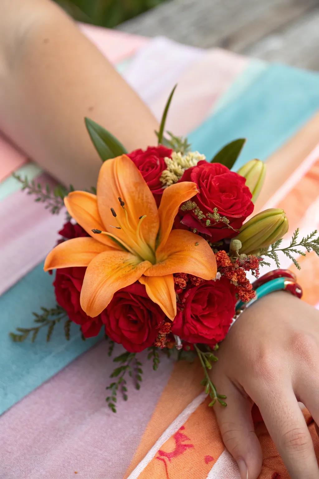 Radiant wrist corsage showcasing orange lilies and red peonies.