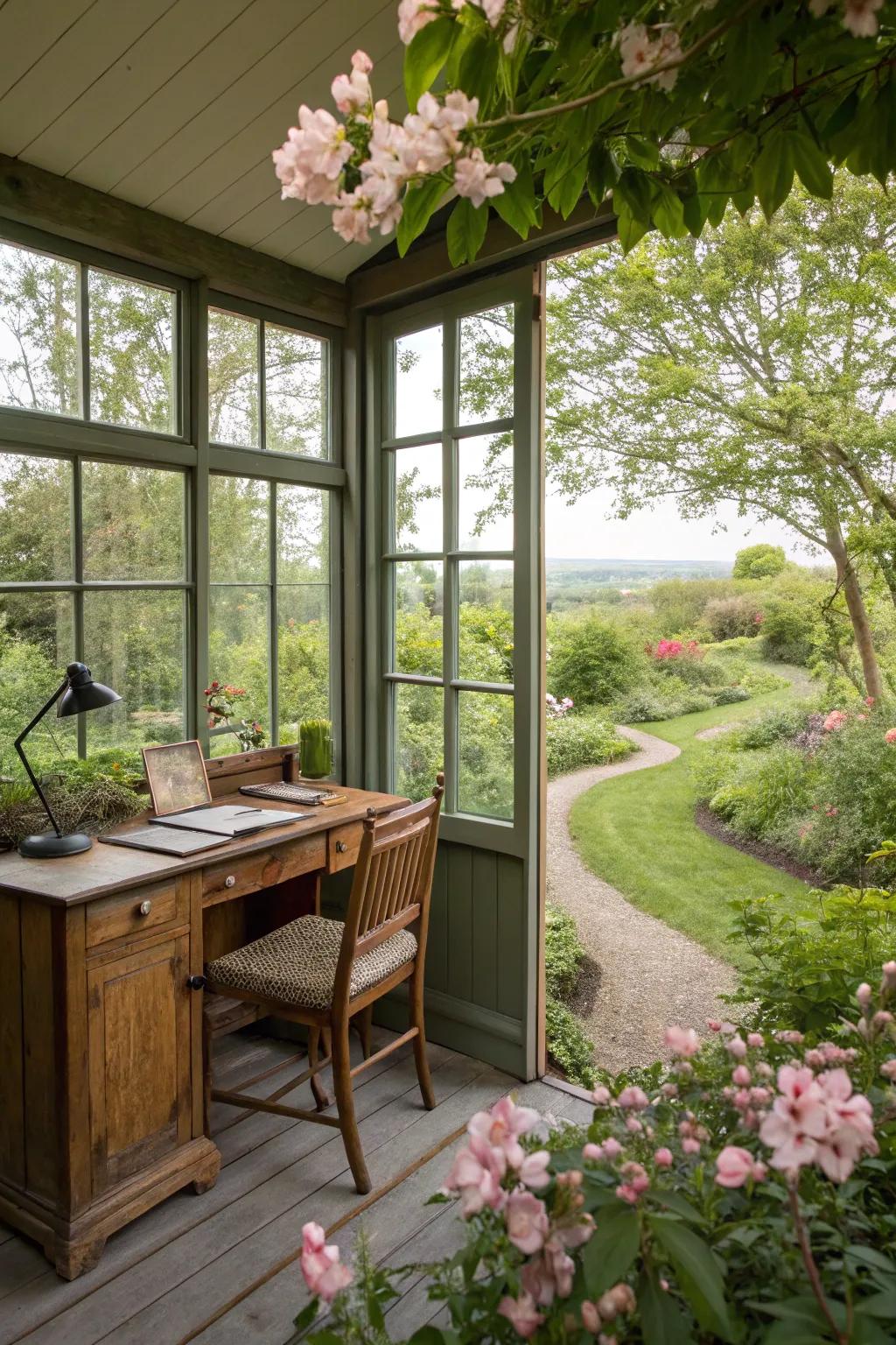 A writing shed featuring large windows, smoothly integrating with the surrounding nature.