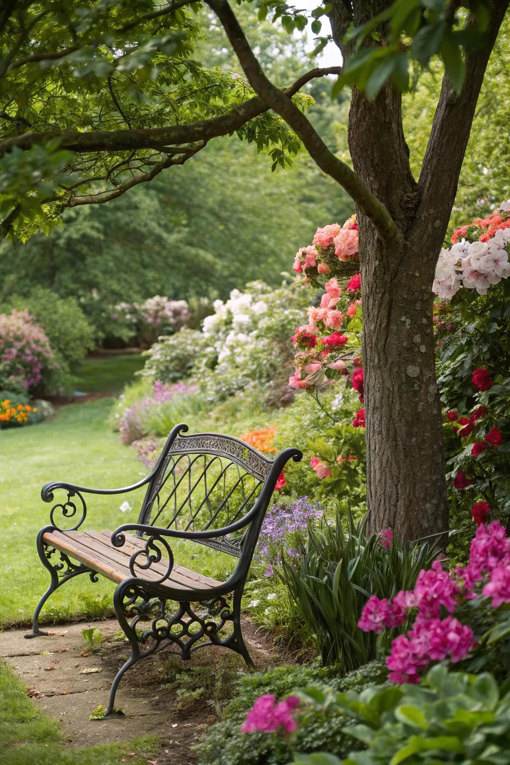 A forged metal bench attracts you to unwind in your garden getaway.