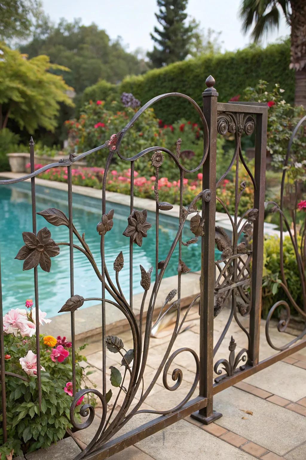 Artistic metal rod designs bring a personal touch to this pool area.