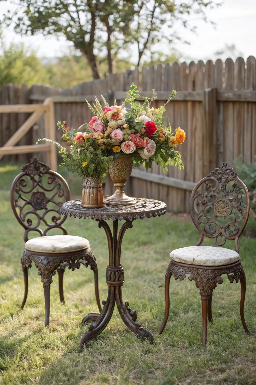 Classic wrought iron pieces introduce nostalgic charm to outdoor gatherings.