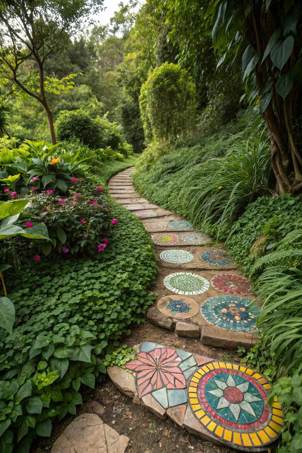 Mosaic stepping stones fashion an artistic pathway through the garden.