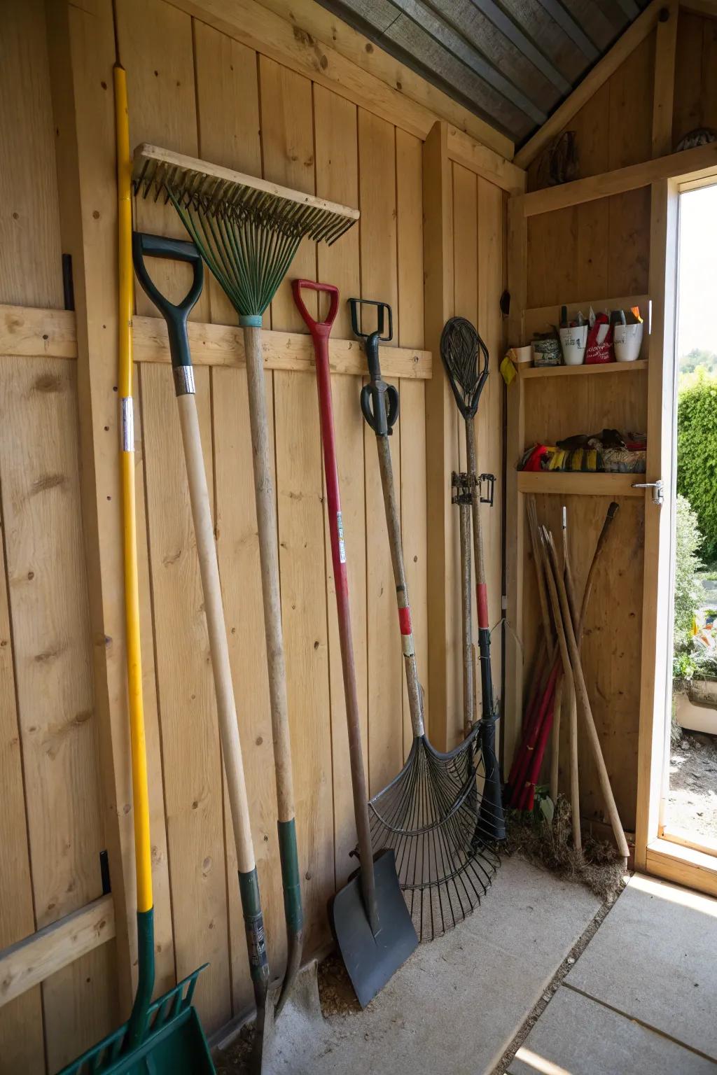 Vertical storage ensures long tools stay tidy and accessible.