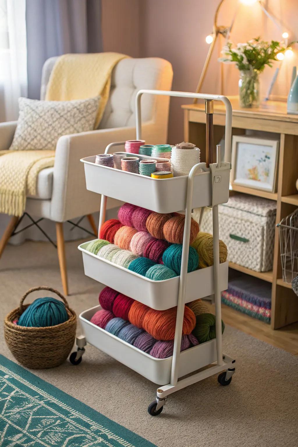 A rolling cart offers mobile yarn storage, ideal for flexible crafting.