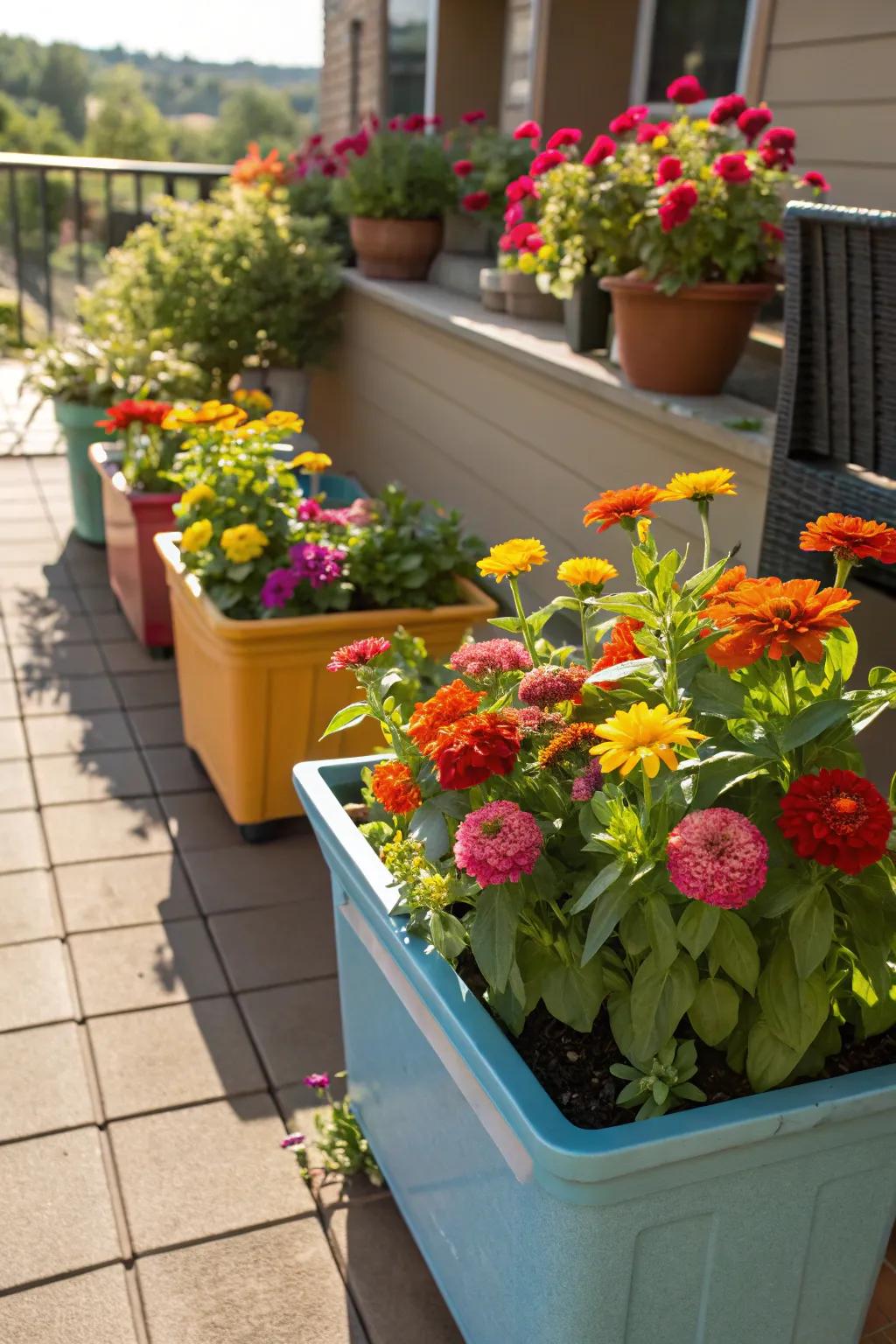 Vivid vessels overflowing with 'Blooms of Joy' brighten a cozy veranda.
