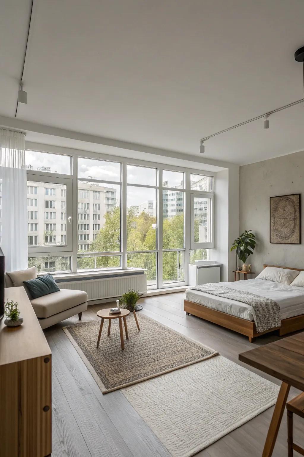 Minimalist furnishings help maintain a tidy and spacious feel.