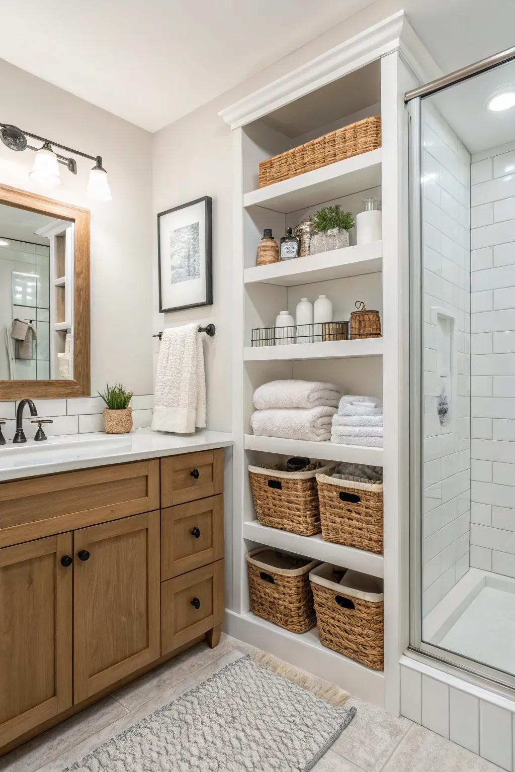 Effective storage strategies using wall-mounted cabinets and shelving.