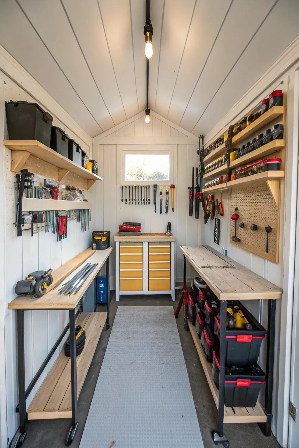 An efficient workshop with organized tool shelves and a small-scale workbench.