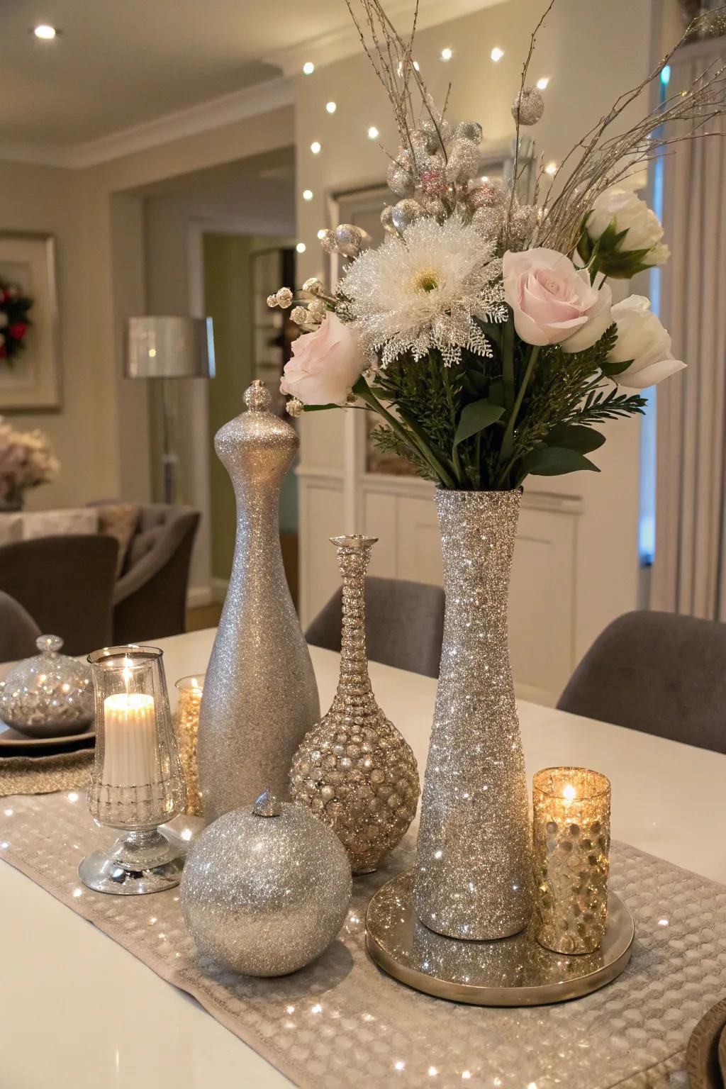 Sparkling centerpieces that shimmer under the party lights.