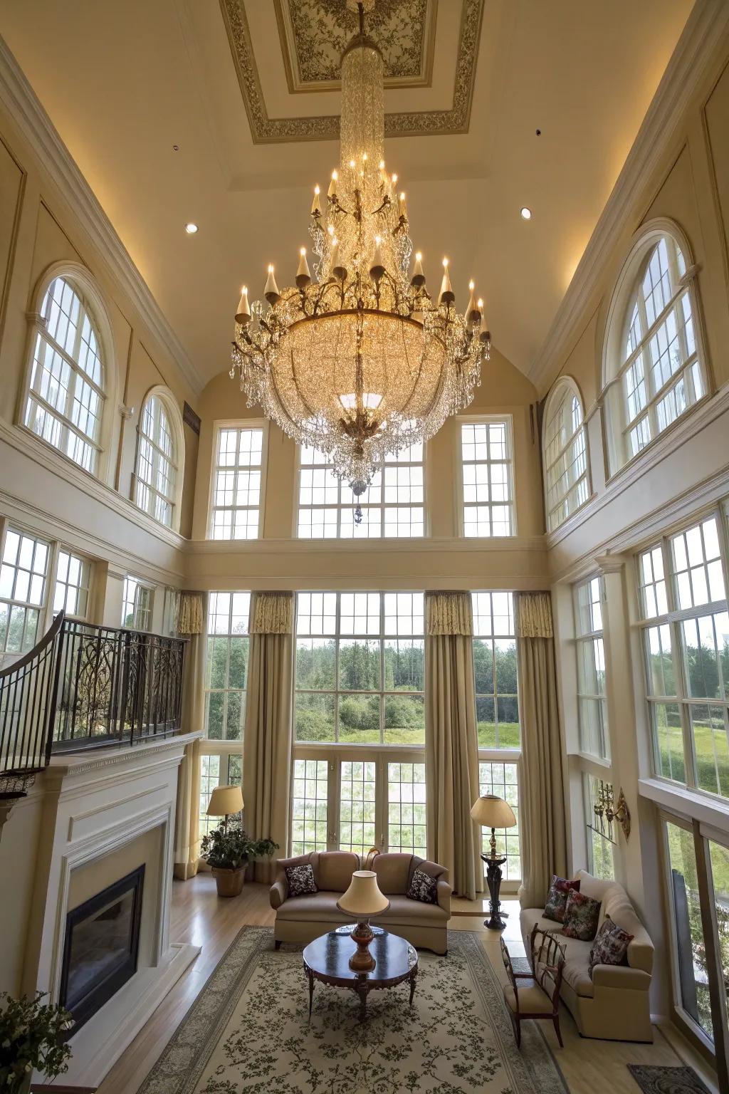 A grand chandelier brings an element of drama and refinement to the main living area.