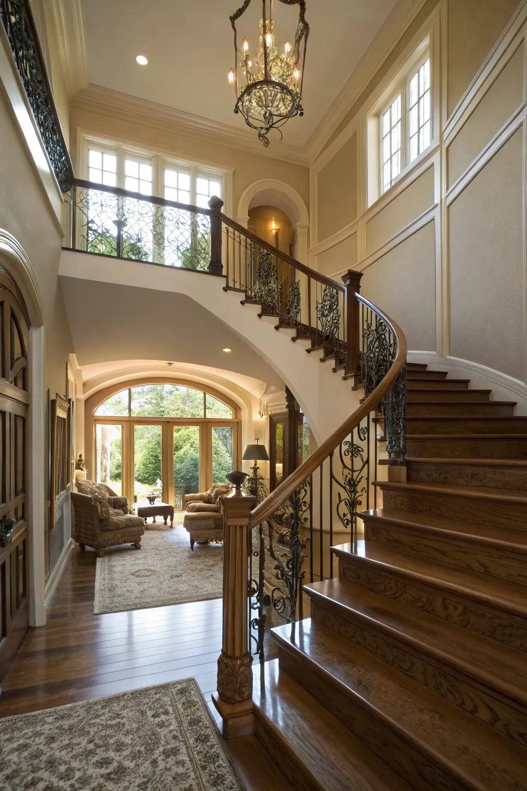 An elegant stairway serves as a showpiece in the living room.