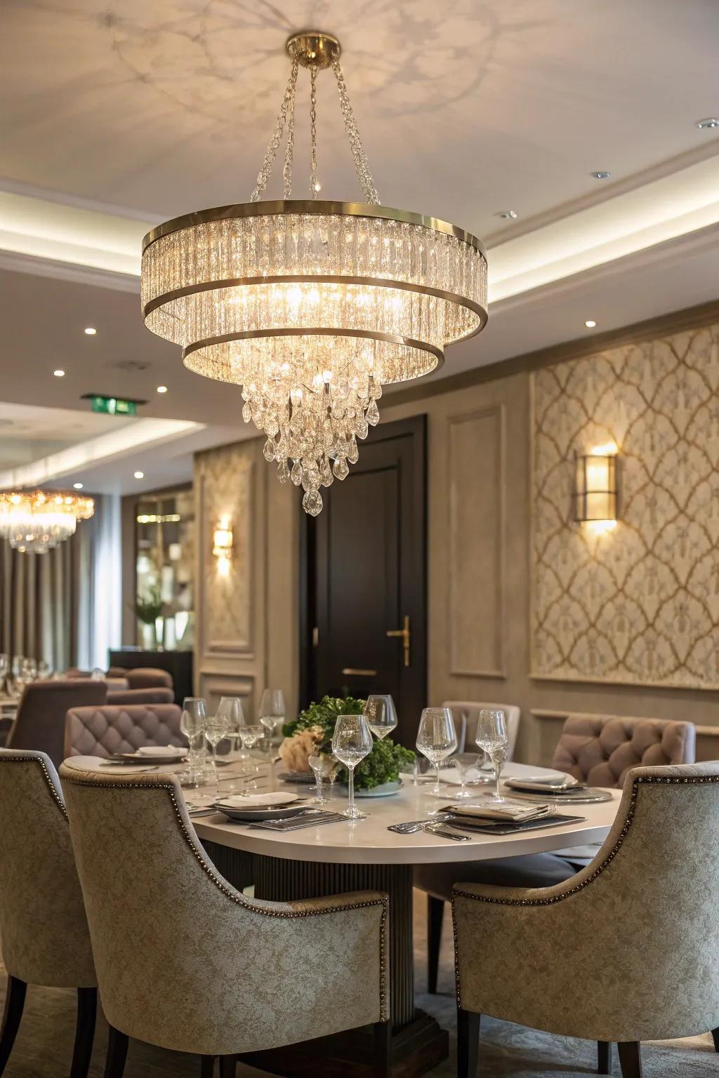 Statement lighting adds elegance and focus to the dining area.