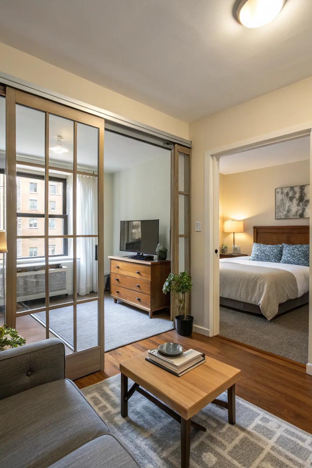 Sliding doors offer stylish separation with minimal space usage