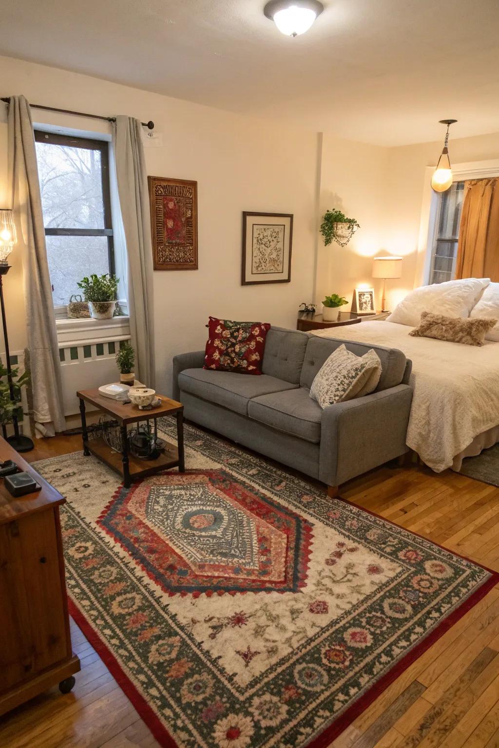 Use stylish floor coverings to separate spaces in your studio for effective zoning.