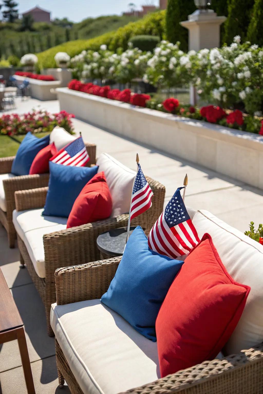 Render your outdoor area inviting using themed soft cushions and flags.