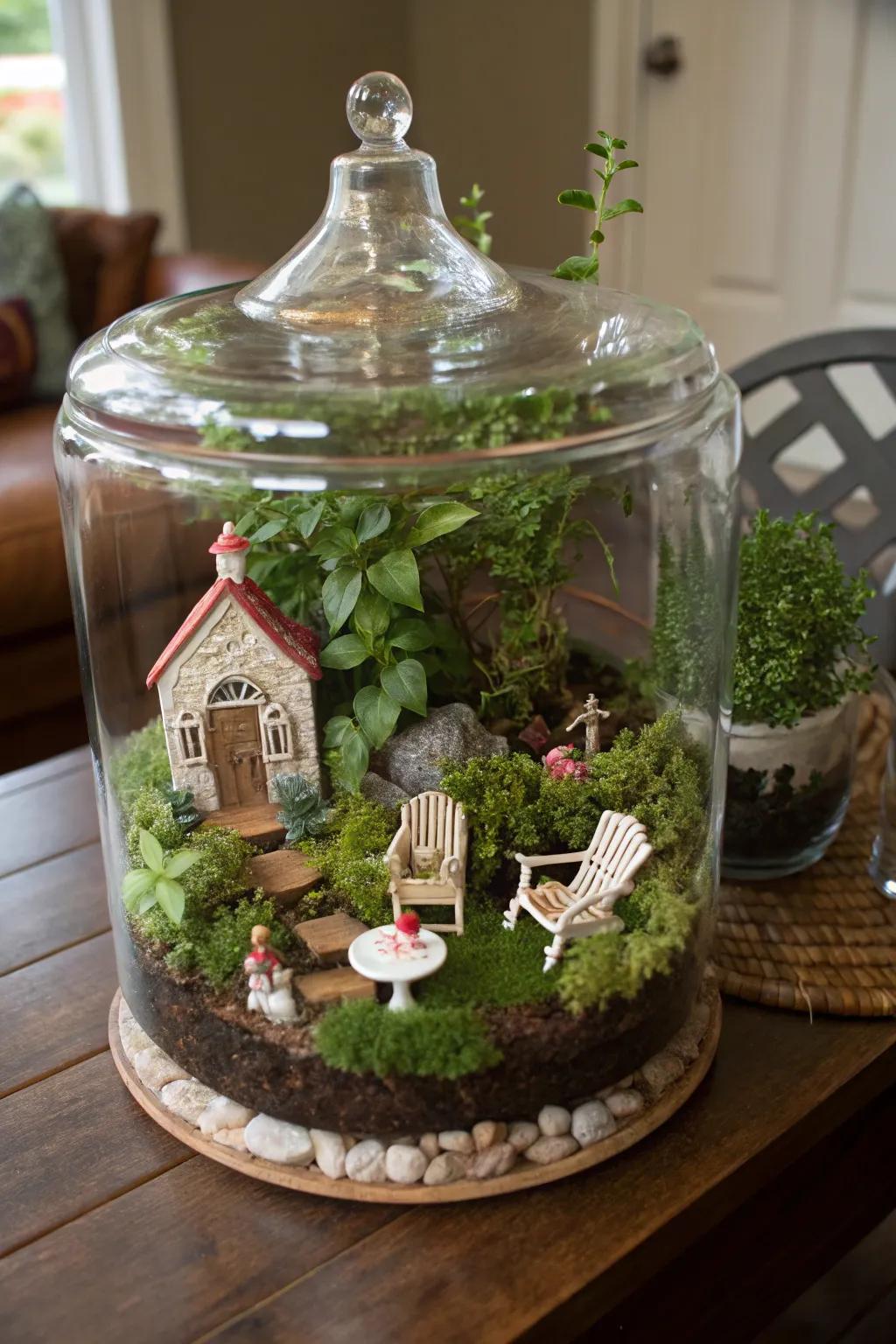 A whimsical enchanted garden terrarium showcasing charming details.