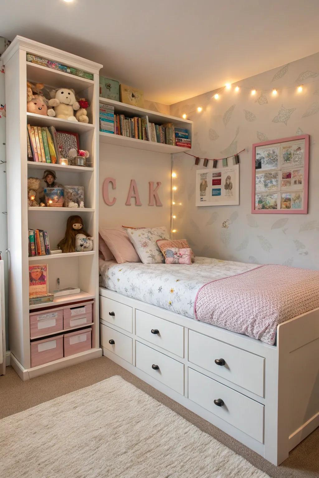 Functional furniture aids in keeping an organized and spacious bedroom.