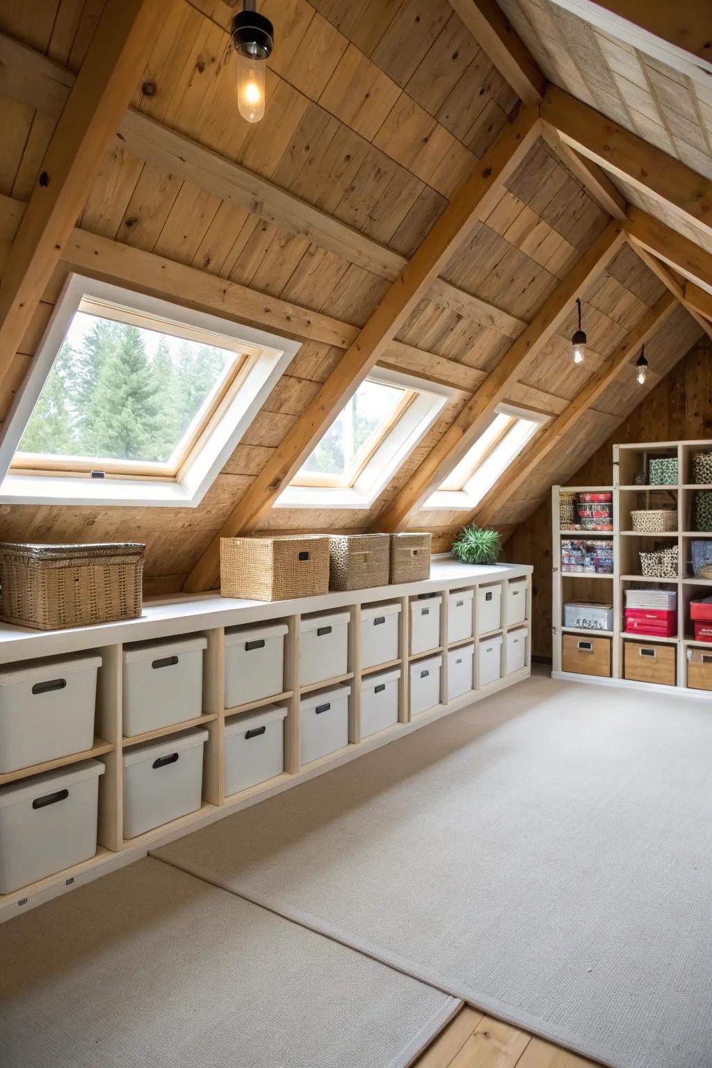 Employ integrated storage to maximize space in your A-frame attic.