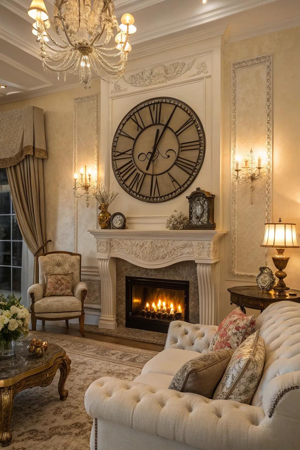 A sizeable wall clock doubles as both art and utility over the fireplace.