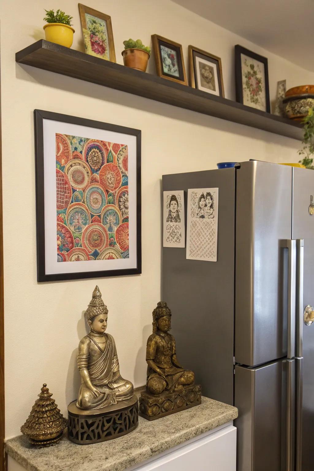 Artistic decor above the fridge injects a personal touch.