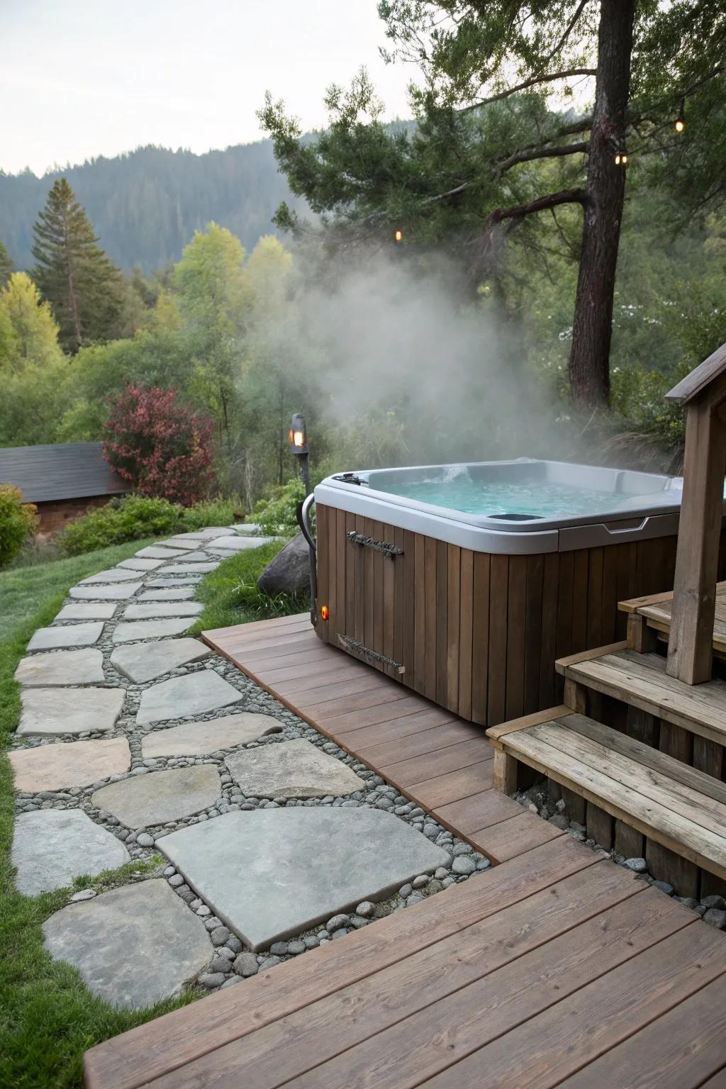 Stone and timber embellishments contribute countryside charm to your hot tub zone.