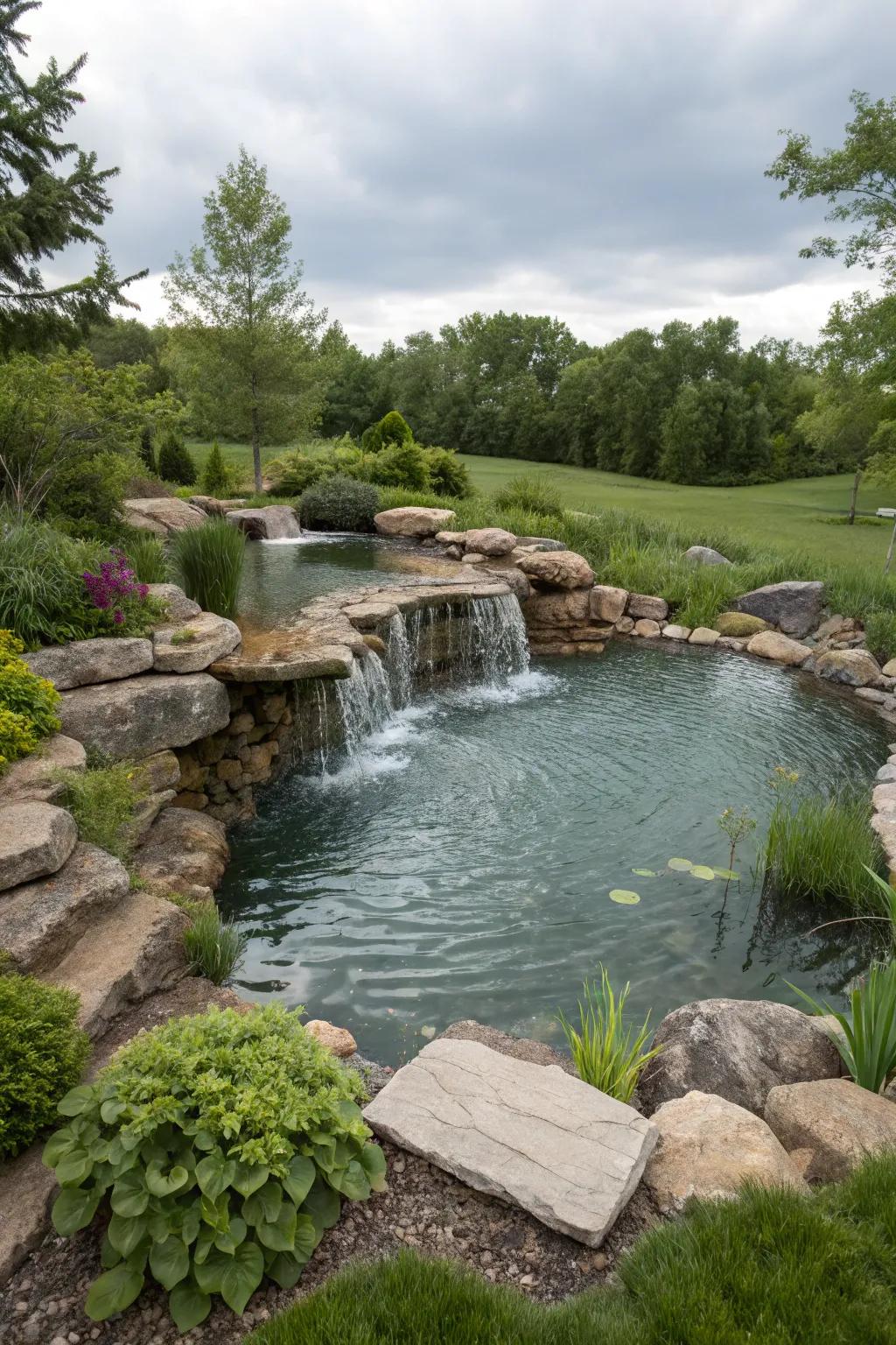 A captivating tiered cascade design adds dimension to this elevated pond.