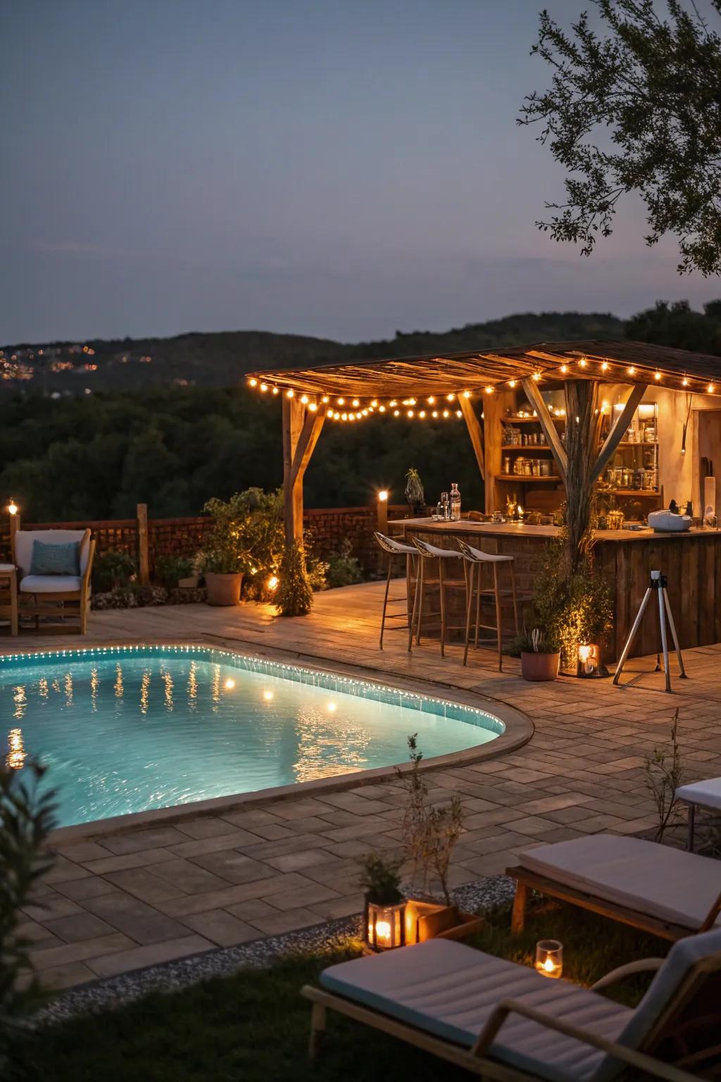 String lights contribute a magical element to your nighttime poolside enjoyment.