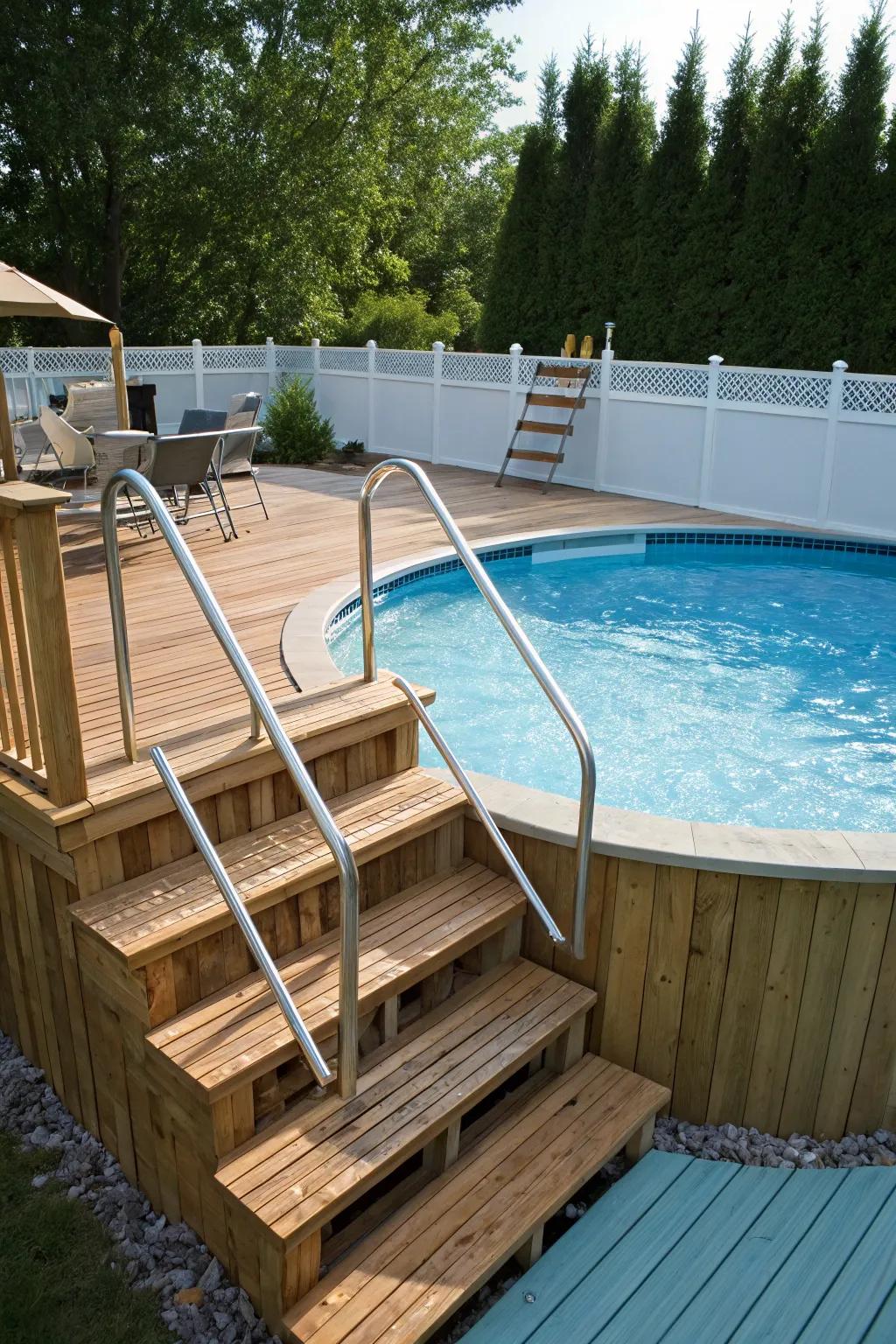 Pool access is safe and stylish with ladders and steps.