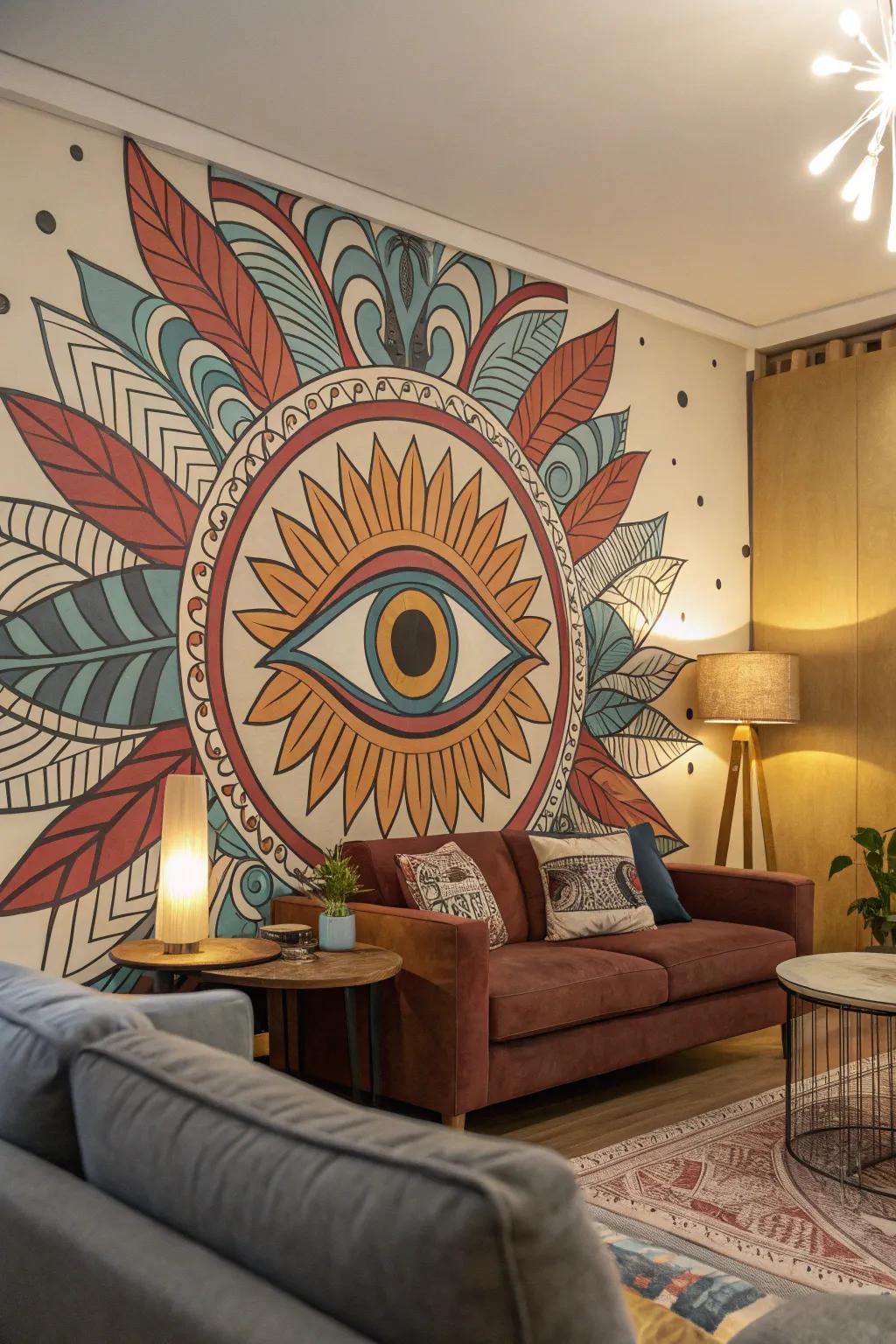 The eye motif in lively shades establishes an impressive and conversation-starting feature.
