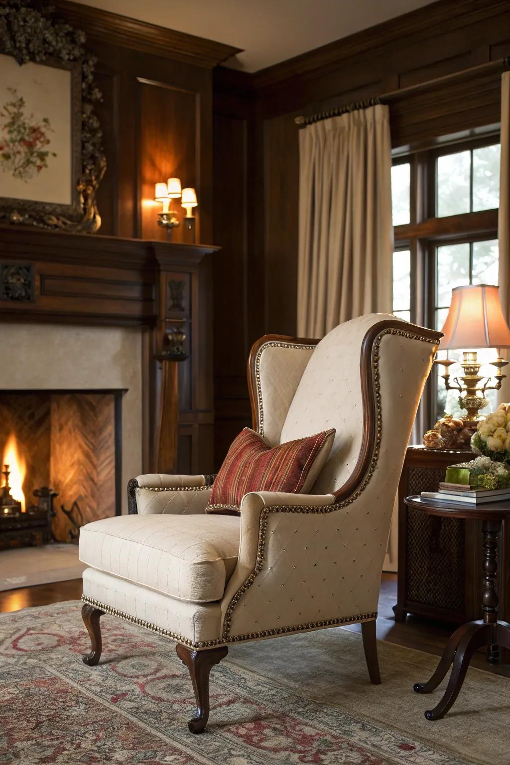 A wingback chair by the fireplace exudes classic elegance.