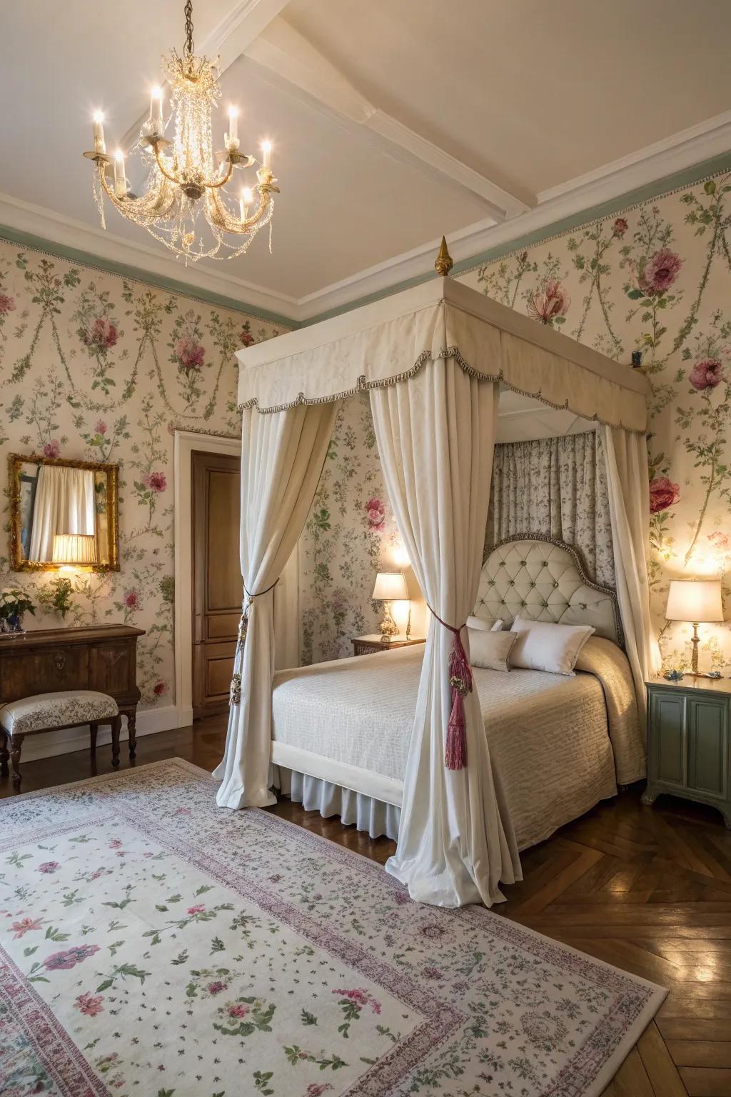 Floral wallpaper on the feature wall gives refinement and elegance to this bedroom.