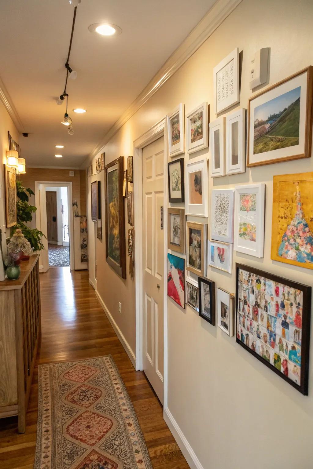 A hallway transformed into a striking art display with photos and artwork.