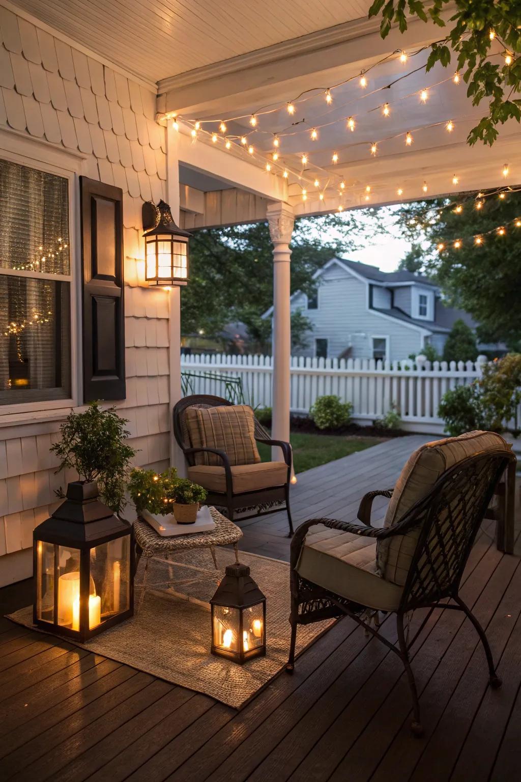 A welcoming and comforting porch featuring enchanting lighting.