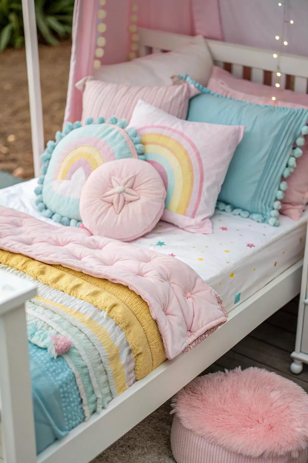 Delicate fabrics setting up a comfy and welcoming bed design.