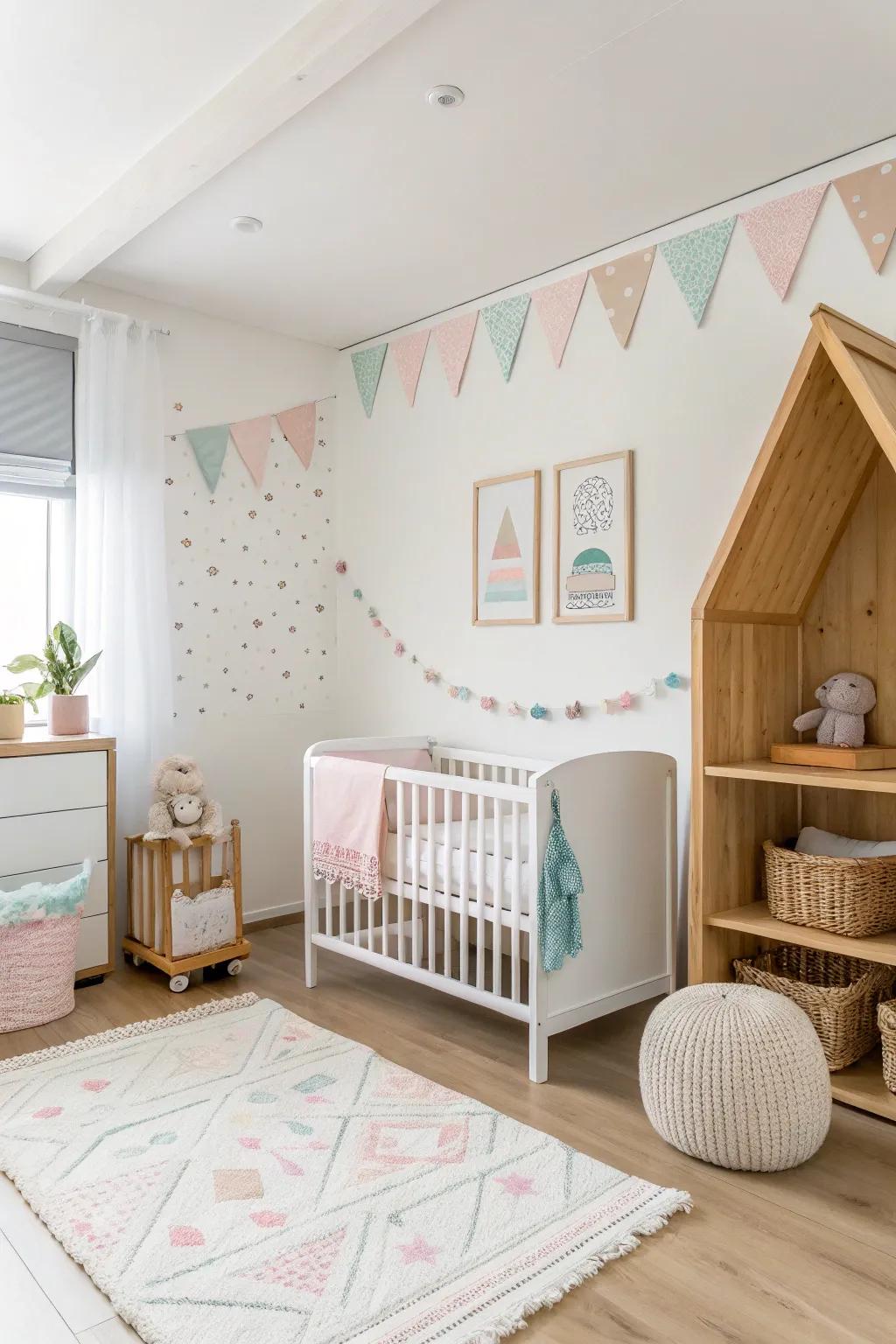 Neutral hints introduce subtle contrast in a white nursery.