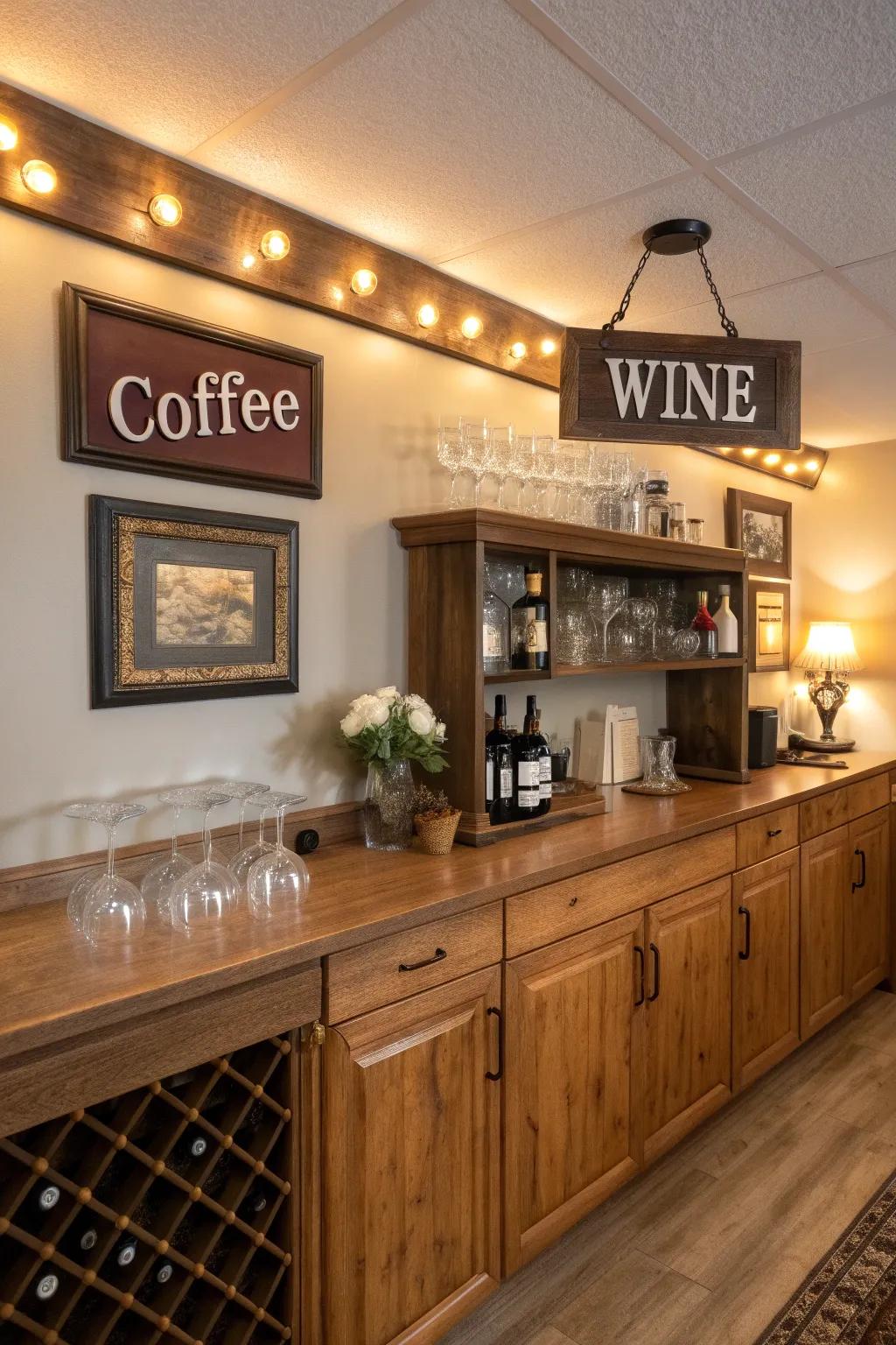 Sophisticated wall decor gives this inviting bar a distinct personality.