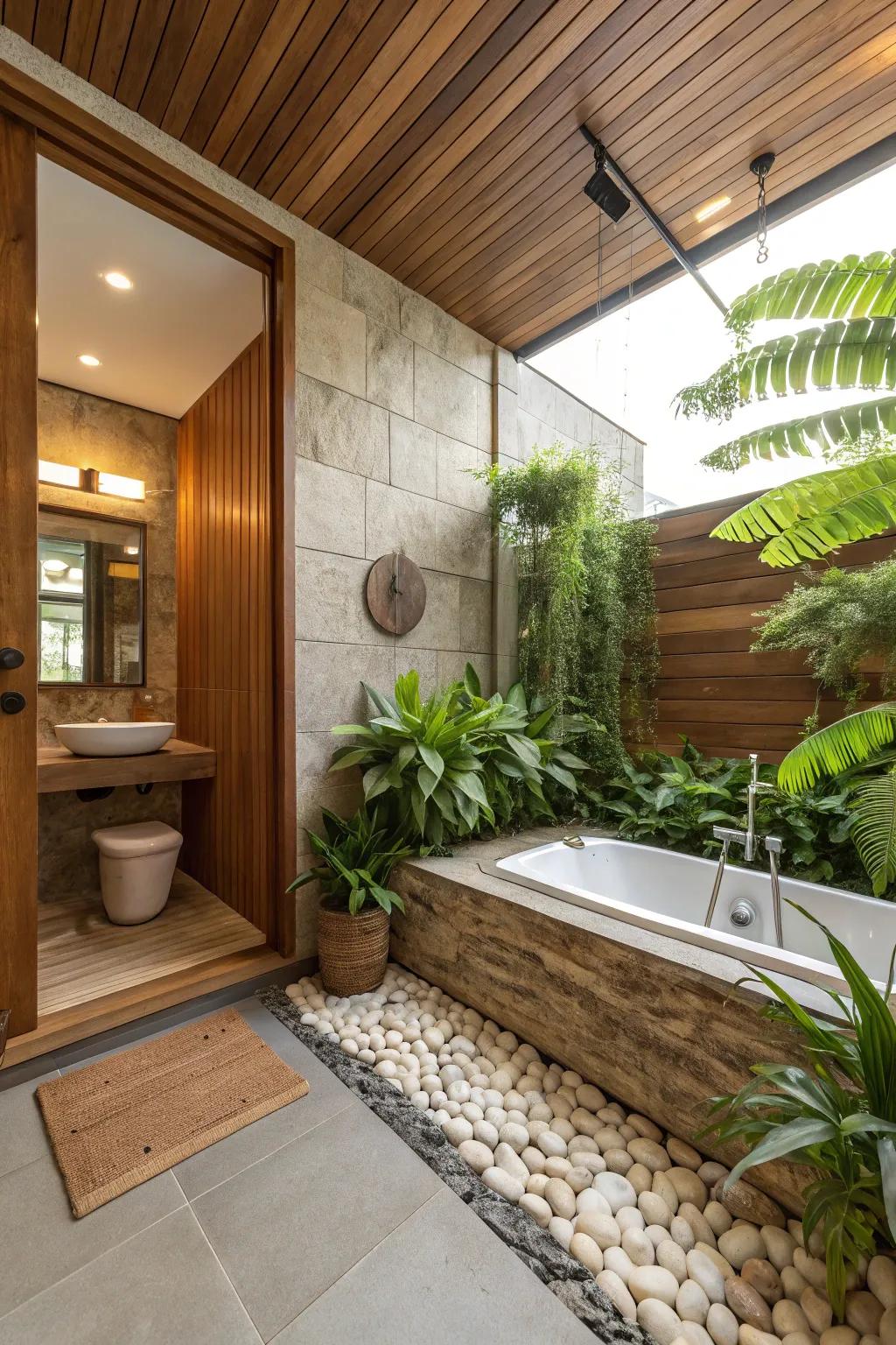 A calm and welcoming bathroom atmosphere is created by natural elements.