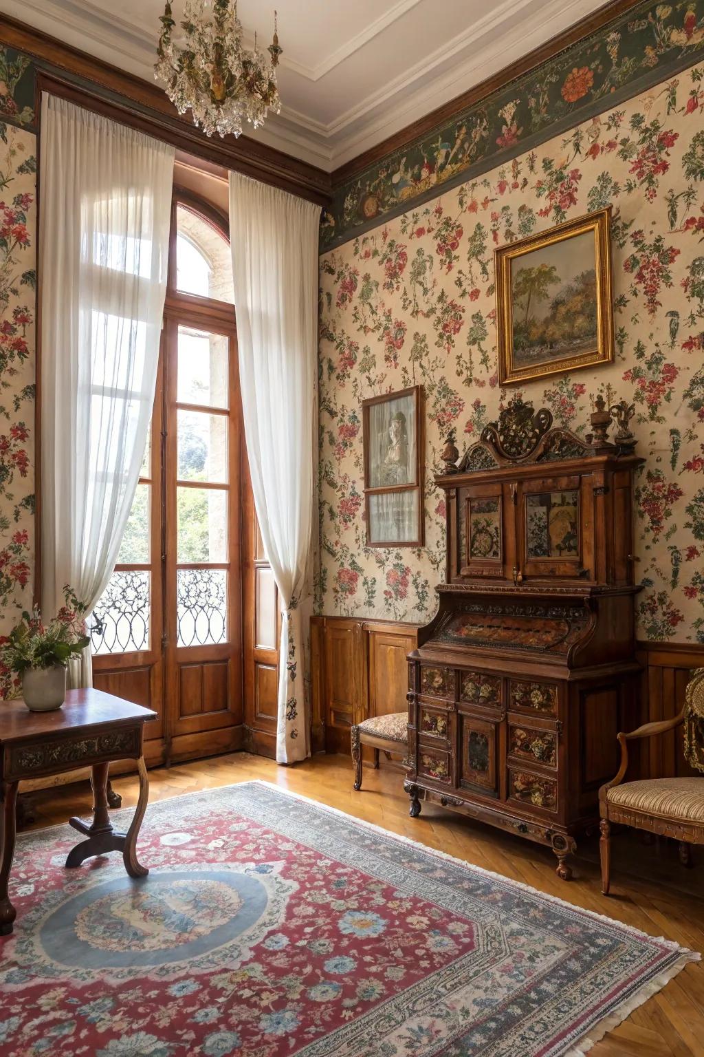 Floral wall covering introducing sophistication and history to a colonial room.