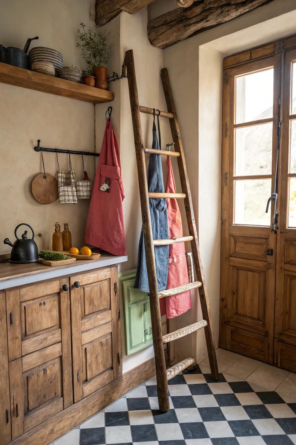 An aged ladder lends pastoral charm to your apron display.