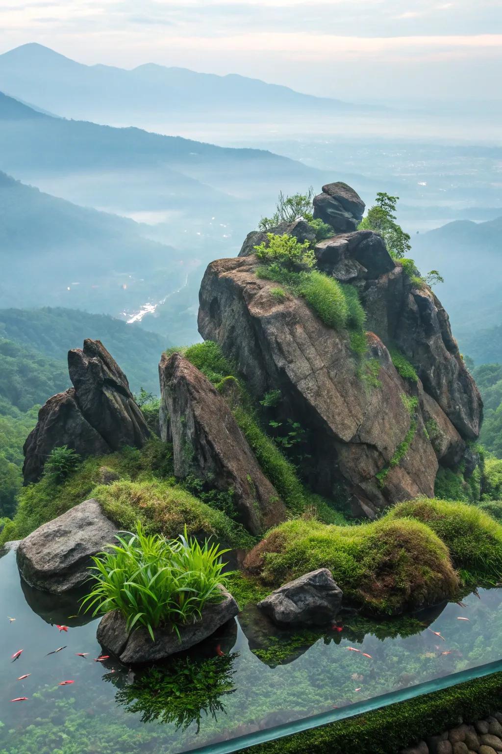 Add drama with a rocky, mountainous design.